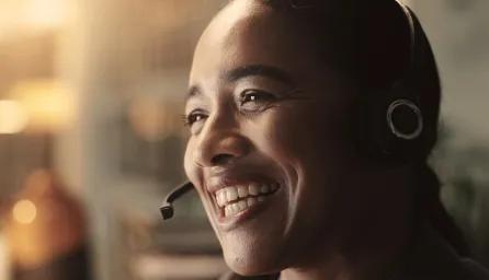 A smiling woman wearing a headset.