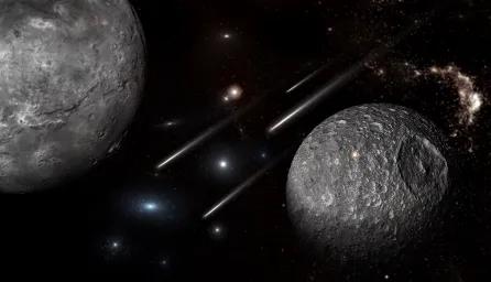 Dark space scene featuring two large asteroids in the foreground, with shooting stars and distant stars scattered across the background