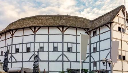 Close-up of Shakespeare’s Globe theatre in London, showing its distinctive timber-framed architecture