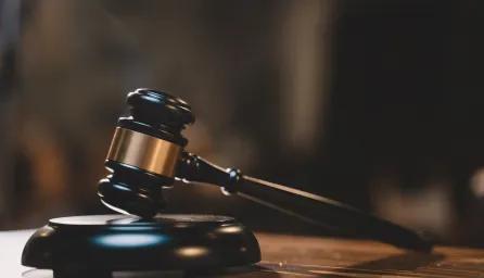 A black and gold gavel resting on its block, with the head tilted and handle touching a wooden table. The background shows a blurred courtroom