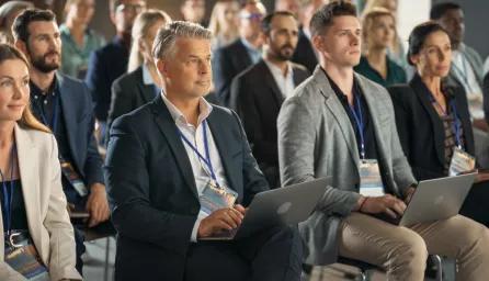 Members of an audience watching and listening to the presenter