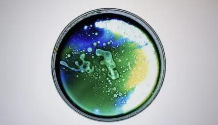 Petri dish with green, blue and yellow liquid inside.