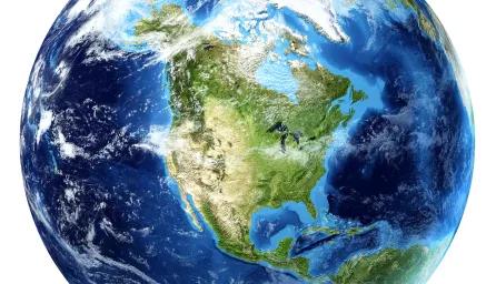 Satellite shot of the world, with North America in the centre and white clouds swirling above.
