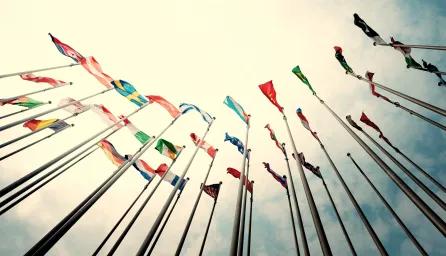Looking up at flags of the world from below