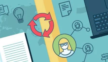 An illustration depicting various elements related to learning, technology, and collaboration, including a book, a laptop, a lightbulb, speech bubbles, documents, a recycling symbol, a world map, and connected person icons.