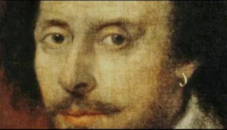 A close-up portrait of William Shakespeare, depicting a man with dark, curly hair, a beard and mustache, and wearing a single hoop earring in his left ear.