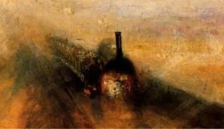 Impressionistic painting of a steam train emerging through rain and mist, moving rapidly along railway tracks.