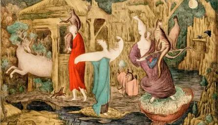 A surrealist lithograph titled "Tuesday" by Leonora Carrington depicts a fantastical dreamscape populated by mythological figures, a large white deer, various cats, and other creatures set against a backdrop of thatched-roof structures and a full moon.