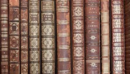 A collection of old, leather-bound books with gold accents on wooden library shelves.