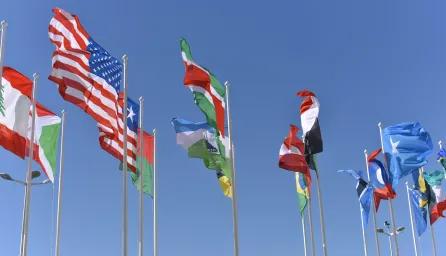 Multiple national flags from various countries, wave in the wind against a clear blue sky.