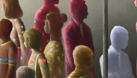 A digital illustration of faceless people in different colours milling about in a crowd.