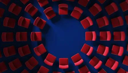 The chairs in the hall or auditorium are arranged in a circle, top view. Leadership Concept. stock photo