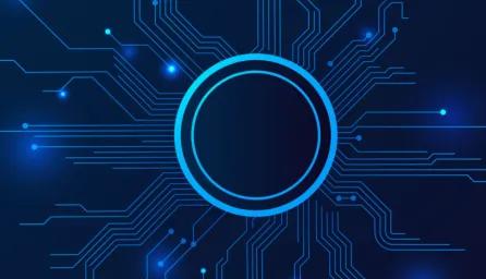 An illuminated blue circle against a dark background with connective paths radiating from it, dotted with pinpoints of blue light.