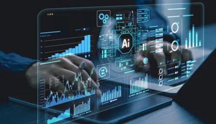 A high-tech digital interface or "Heads-Up Display" (HUD) glows with neon blue and teal light against a dark background. The screen is filled with various data visualizations, including bar graphs, fluctuating line charts, and circular progress rings.