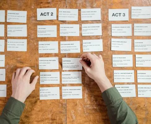 Hands arranging screenplay cards on a wooden table, depicting script development.