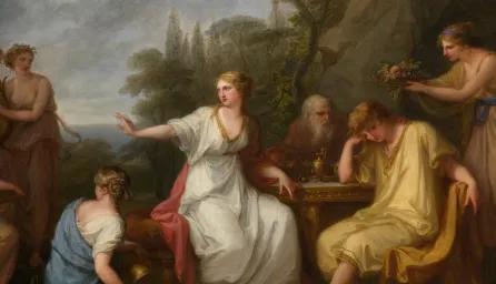 Oil painting by Angelica Kauffmann depicting 'The Sorrow of Telemachus', a scene of mythological figures. 