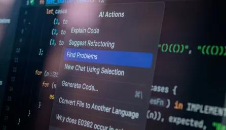 Close up of a computer screen displaying multicoloured computer code, and a pop-up box with AI options for actions.