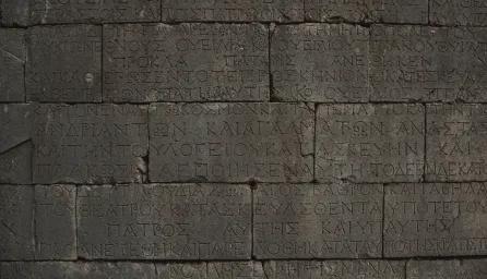 Close-up of an ancient stone wall with Greek inscriptions engraved on it