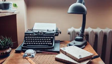 Typewriter, books, and a table lamp
