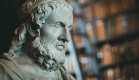 Close-up of a classical marble statue with blurred bookcases in the background