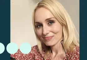 Blonde woman smiling in selfie