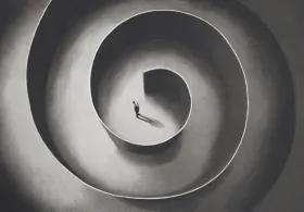 Illustration of a person standing in the middle of a spiral maze, depicted from an aerial perspective.. 
