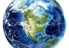 Satellite shot of the world, with North America in the centre and white clouds swirling above.