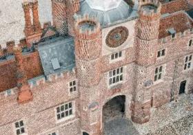 A high-angle view of Hampton Court Palace.