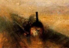Impressionistic painting of a steam train emerging through rain and mist, moving rapidly along railway tracks.