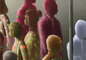 A digital illustration of faceless people in different colours milling about in a crowd.