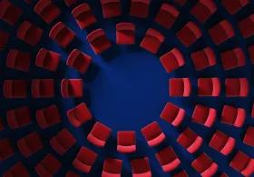 The chairs in the hall or auditorium are arranged in a circle, top view. Leadership Concept. stock photo