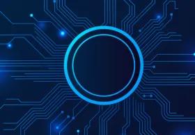 An illuminated blue circle against a dark background with connective paths radiating from it, dotted with pinpoints of blue light.