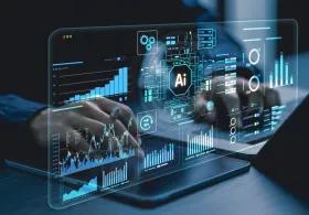 A high-tech digital interface or "Heads-Up Display" (HUD) glows with neon blue and teal light against a dark background. The screen is filled with various data visualizations, including bar graphs, fluctuating line charts, and circular progress rings.