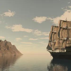 A large, multi-masted pirate ship with full sails floats on calm water near a rocky island under a cloudy sky.
