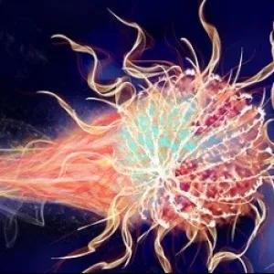 An illustration of a human hand raised in a stopping gesture against stylized viruses or pathogens, symbolizing protection and the immune system.