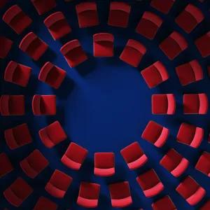 The chairs in the hall or auditorium are arranged in a circle, top view. Leadership Concept. stock photo