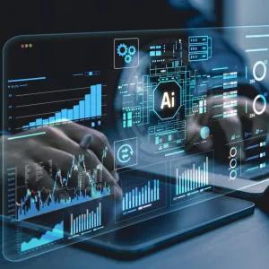 A high-tech digital interface or "Heads-Up Display" (HUD) glows with neon blue and teal light against a dark background. The screen is filled with various data visualizations, including bar graphs, fluctuating line charts, and circular progress rings.