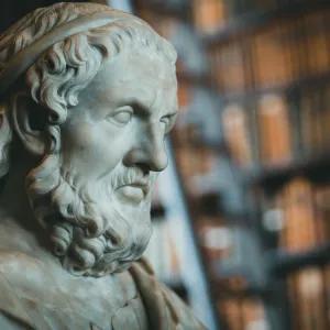 Close-up of a classical marble statue with blurred bookcases in the background