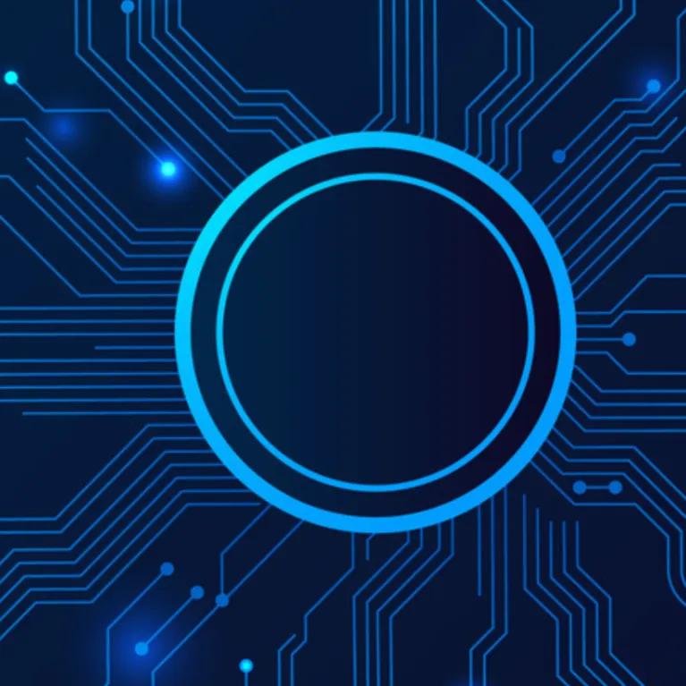An illuminated blue circle against a dark background with connective paths radiating from it, dotted with pinpoints of blue light.