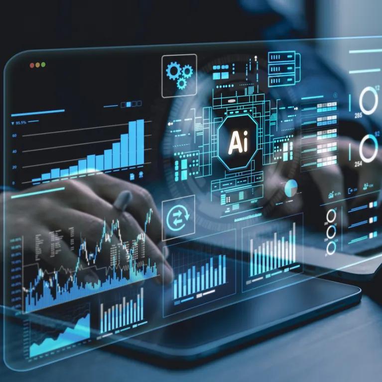A high-tech digital interface or "Heads-Up Display" (HUD) glows with neon blue and teal light against a dark background. The screen is filled with various data visualizations, including bar graphs, fluctuating line charts, and circular progress rings.