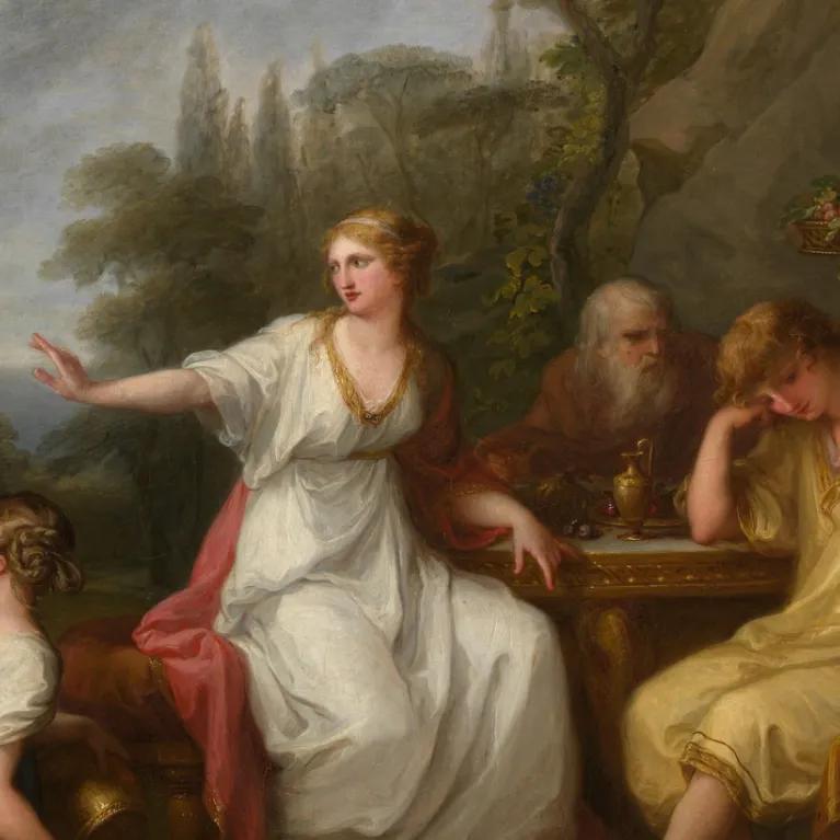 Oil painting by Angelica Kauffmann depicting 'The Sorrow of Telemachus', a scene of mythological figures. 